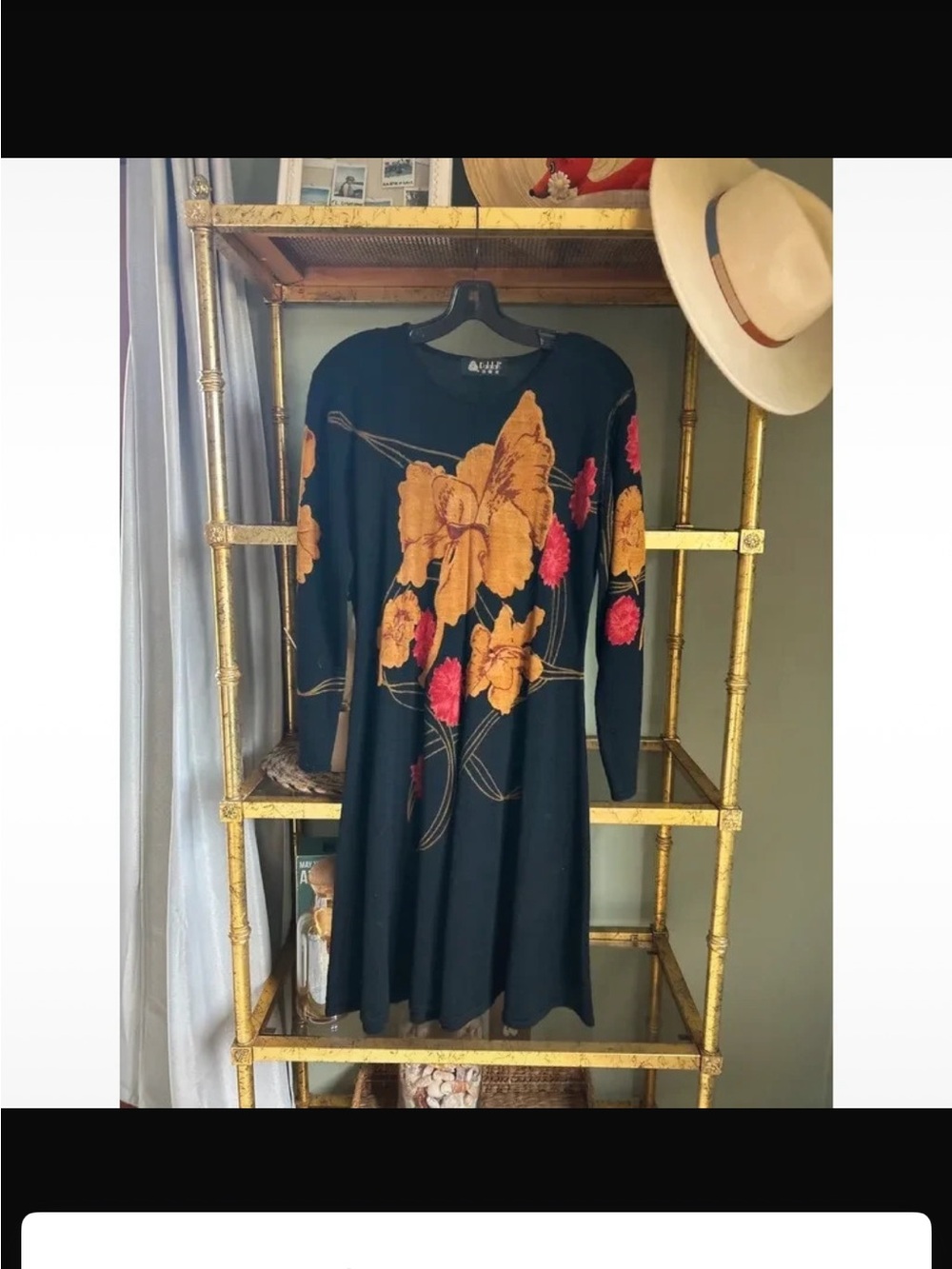 Black Floral Long-Sleeve A-Line Dress with Gold and Pink Embroidery